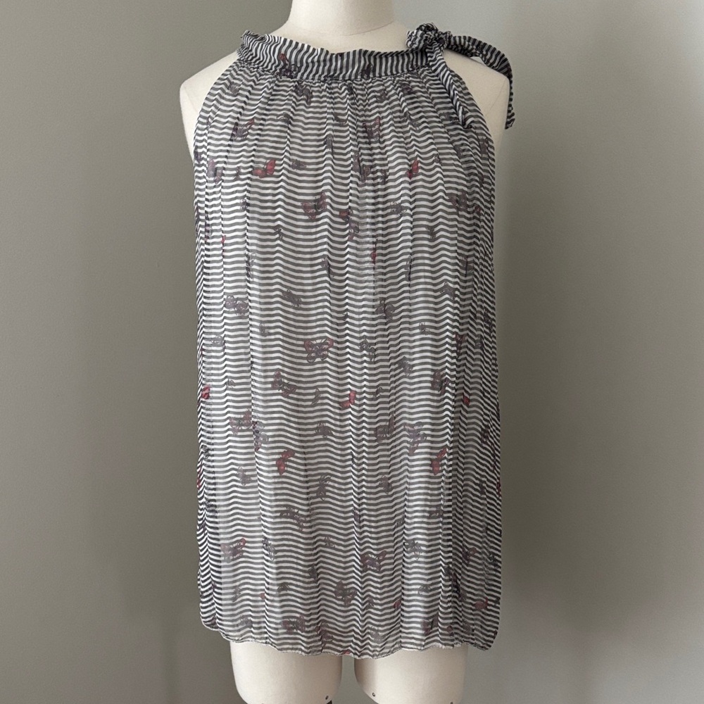 Elena Baldi Pleated Silk Tie Neck Sleeveless Striped Butterfly Blouse Size L